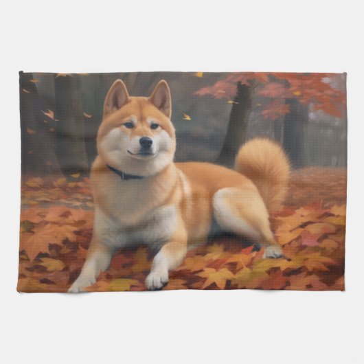 Shib Inu in de herfst laat Herfst inspireren Theedoek (Horizontaal)