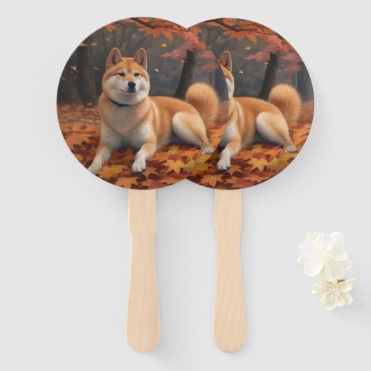 Shib Inu in herfstbladeren val inspireert Handwaaier (Voorkant en achterkant)