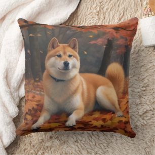 Shib Inu in herfstbladeren val inspireert Kussen