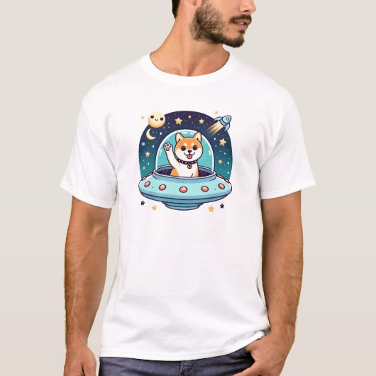 Shiba in de ruimte - UFO Dog Alien Abduction Art T-shirt (Voorkant)