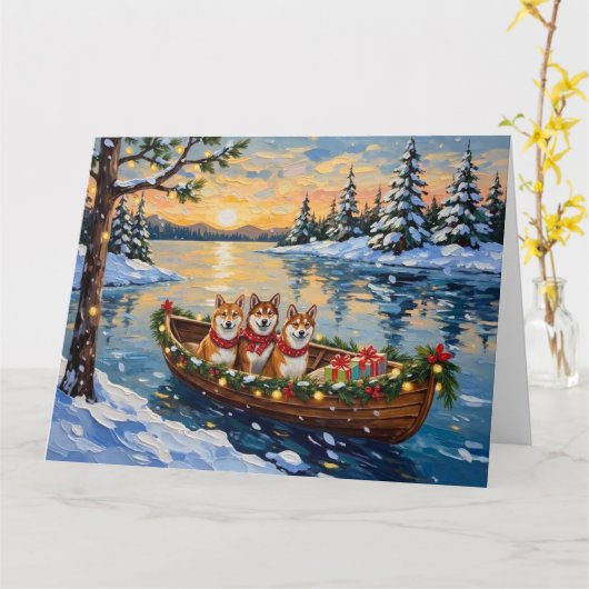 Shiba Inu Christmas Boat Holiday Kaart (Gele Bloem)