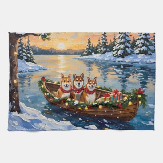 Shiba Inu Christmas Boat Holiday Theedoek (Horizontaal)