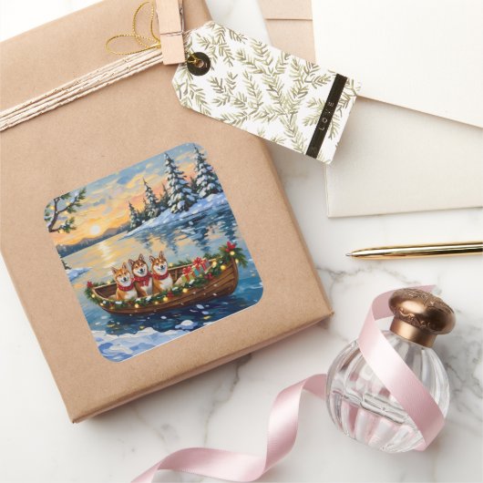 Shiba Inu Christmas Boat Holiday Vierkante Sticker (Geschenken)