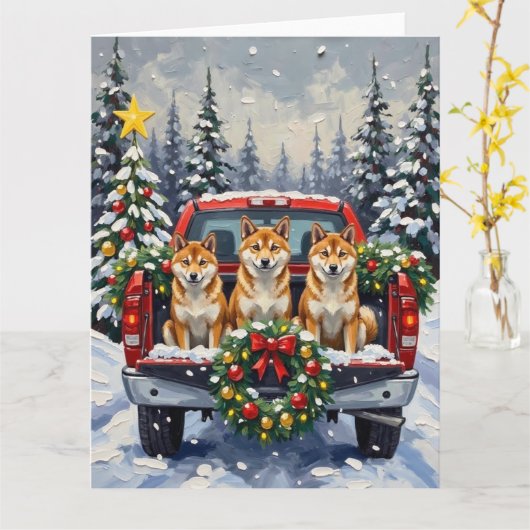 Shiba Inu Christmas Red Truck Holiday Kaart (Gele Bloem)