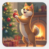 Shiba Inu Decorating the Christmas Tree Painting Vierkante Sticker (Voorkant)