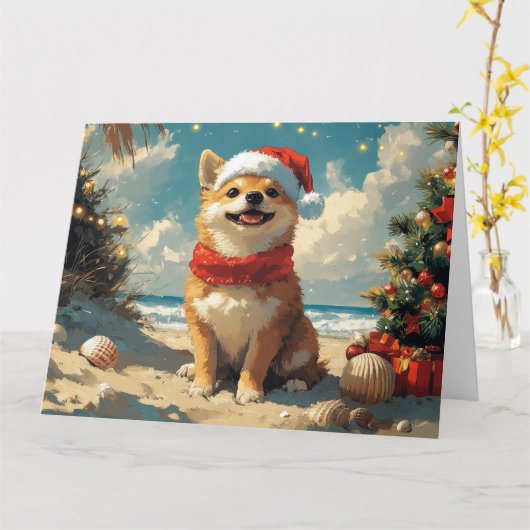 Shiba Inu Dog Christmas  Beach Kaart (Gele Bloem)