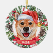Shiba Inu Dog Custom Santa Hat kerstversiering Keramisch Ornament (Voorkant)