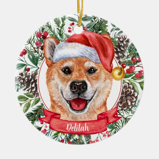 Shiba Inu Dog Custom Santa Hat kerstversiering Keramisch Ornament (Voorkant)