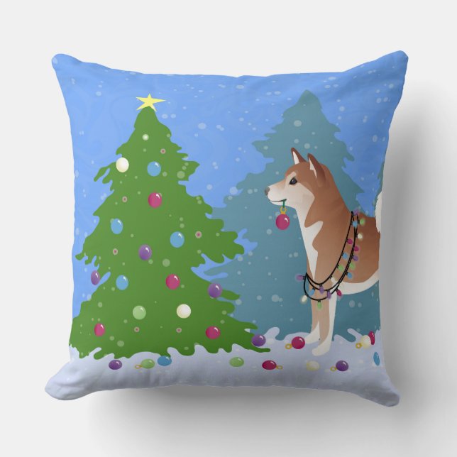 Shiba Inu Dog Decorting Kerstboom Kussen (Voorkant)
