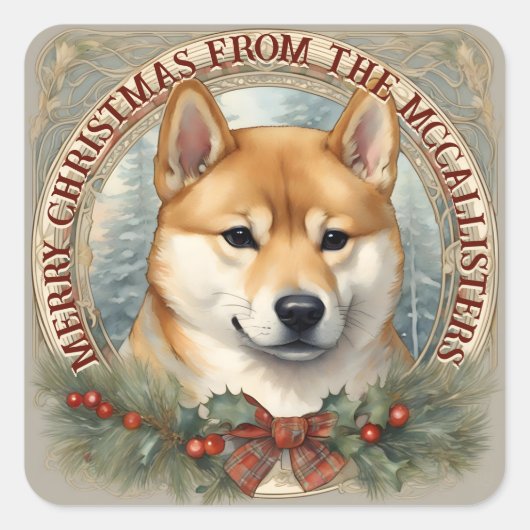 Shiba Inu Dog Gepersonaliseerde Kerst Kaart Sticke Vierkante Sticker (Voorkant)