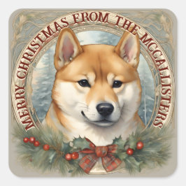 Shiba Inu Dog Gepersonaliseerde Kerst Kaart Sticke Vierkante Sticker