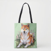 Shiba Inu Dog Green Canvas tas Waterverf Art (Voorkant)