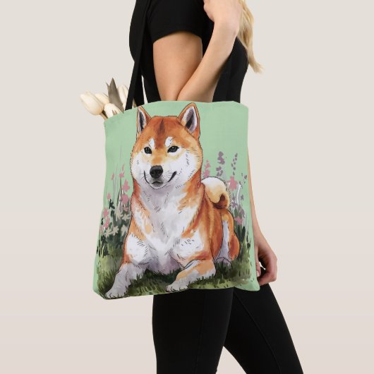 Shiba Inu Dog Green Canvas tas Waterverf Art (Dichtbij)