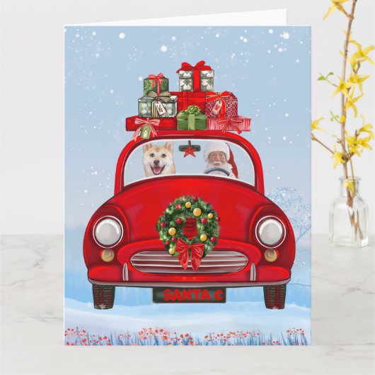 Shiba Inu Dog in auto met kerstman Kaart (Gele Bloem)