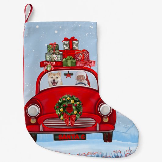 Shiba Inu Dog in auto met kerstman Kleine Kerstsok (Voorkant)
