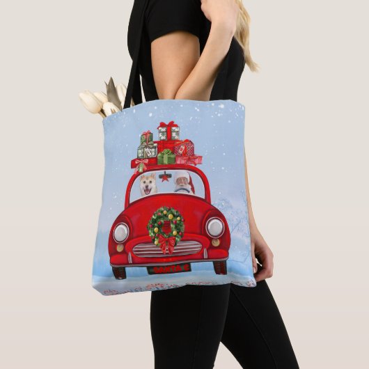 Shiba Inu Dog in auto met kerstman Tote Bag (Dichtbij)
