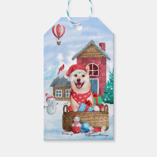 Shiba Inu Dog in sneeuwkersthondenhuis Cadeaulabel (Voorkant)