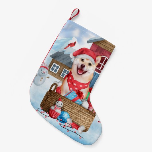 Shiba Inu Dog in sneeuwkersthondenhuis Kleine Kerstsok (Voorkant (Hangend))