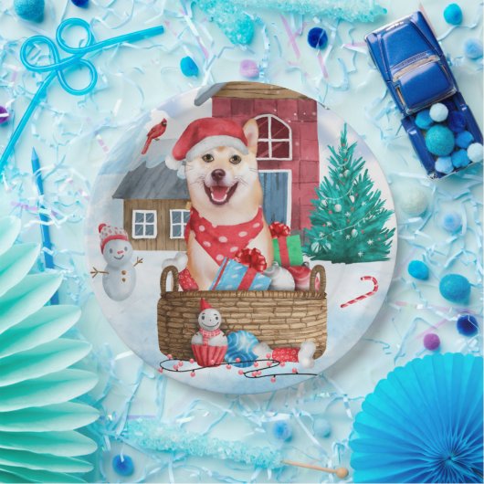 Shiba Inu Dog in sneeuwkersthondenhuis Papieren Bordje (Feest)