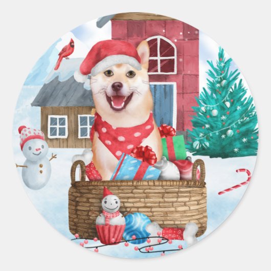 Shiba Inu Dog in sneeuwkersthondenhuis Ronde Sticker (Voorkant)