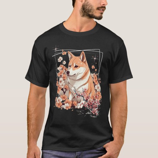 Shiba Inu Dog Japanese Cherry Blossom Sakura Flowe T-shirt (Voorkant)