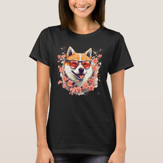 Shiba Inu Dog Japanese Cherry Blossom Sakura Flowe T-shirt (Voorkant)