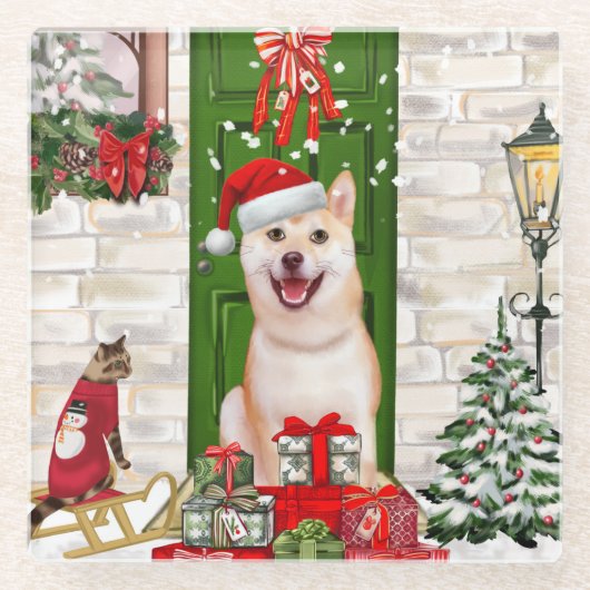 Shiba Inu Dog Kerstmis Glazen Onderzetter (Voorkant)