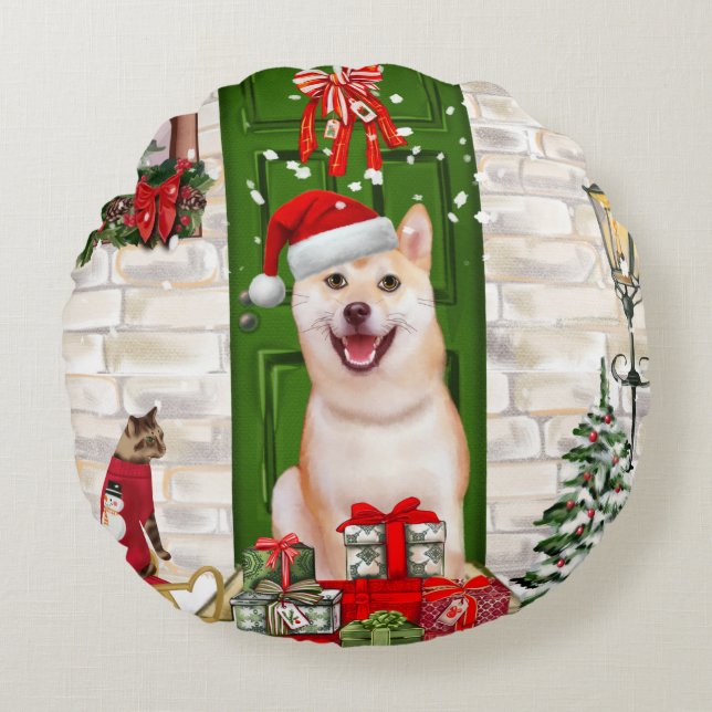 Shiba Inu Dog Kerstmis Rond Kussen (Voorkant)
