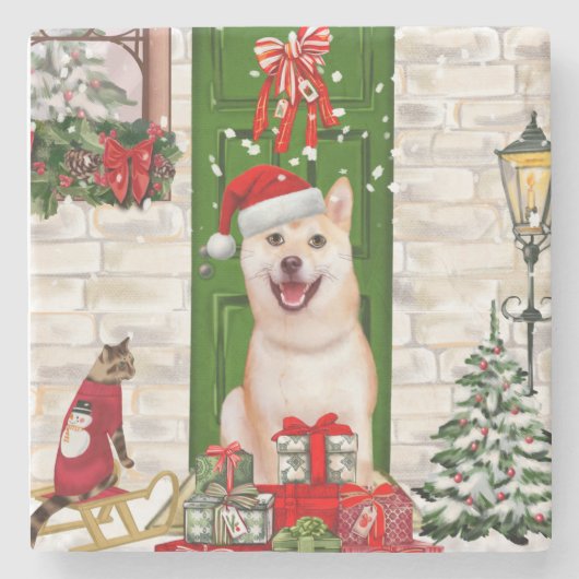 Shiba Inu Dog Kerstmis Stenen Onderzetter (Voorkant)