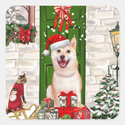 Shiba Inu Dog Kerstmis Vierkante Sticker (Voorkant)