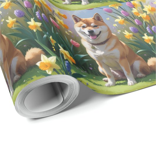 Shiba Inu Dog Spring Bloemen Schilderen Cadeaupapier (Rol Hoek)