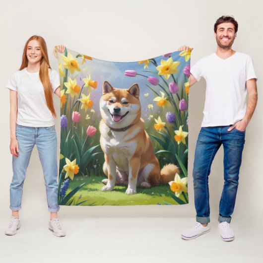 Shiba Inu Dog Spring Bloemen Schilderen Fleece Deken (In situ)