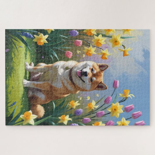 Shiba Inu Dog Spring Bloemen Schilderen Legpuzzel (Horizontaal)