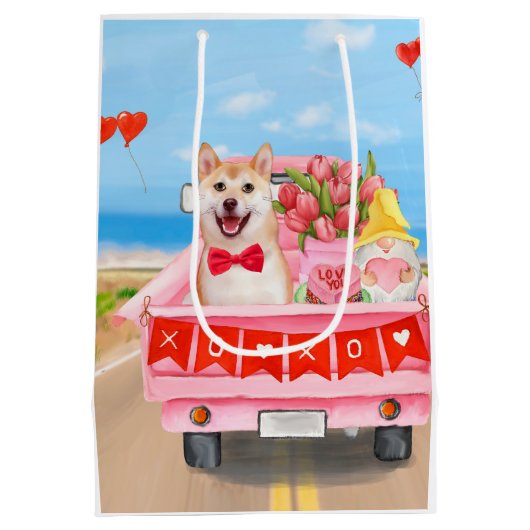Shiba Inu Dog Valentijnsdag Truck Hearts Medium Cadeauzakje (Achterkant)