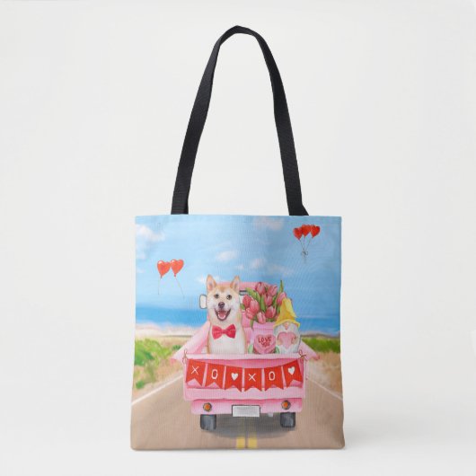 Shiba Inu Dog Valentijnsdag Truck Hearts Tote Bag (Voorkant)
