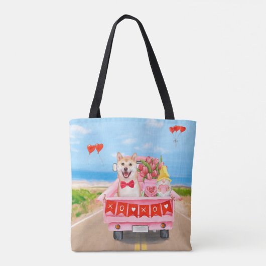 Shiba Inu Dog Valentijnsdag Truck Hearts Tote Bag (Achterkant)