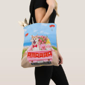 Shiba Inu Dog Valentijnsdag Truck Hearts Tote Bag (Dichtbij)