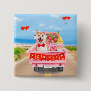 Shiba Inu Dog Valentijnsdag Truck Hearts Vierkante Button 5,1 Cm