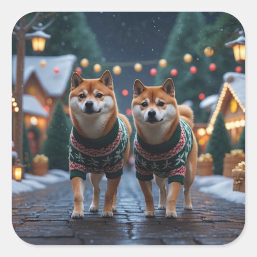 Shiba Inu Dogs Christmas Snow Holiday Vierkante Sticker (Voorkant)