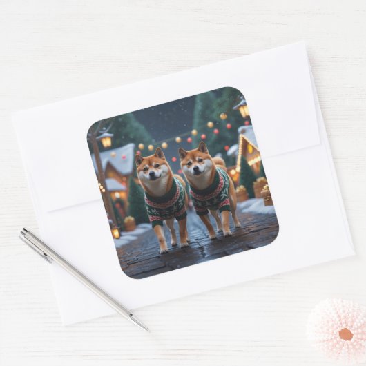 Shiba Inu Dogs Christmas Snow Holiday Vierkante Sticker (Envelop)
