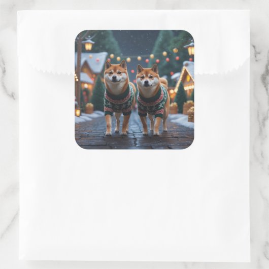 Shiba Inu Dogs Christmas Snow Holiday Vierkante Sticker (Tas)