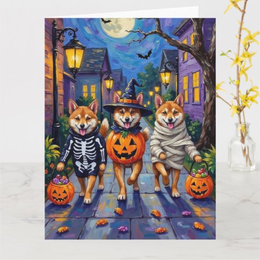 Shiba Inu Dogs in Halloween Costumes Kaart (Gele Bloem)