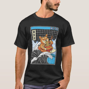 Shiba Inu Eating Ramen Surfing Kanagawa Wave Japan T-shirt