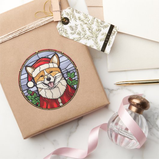 Shiba Inu Glas in lood Kerst Ronde Sticker (Geschenken)