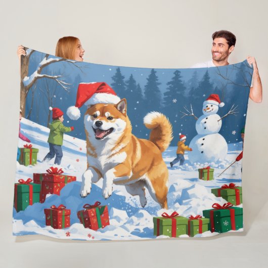 Shiba Inu hardlopen in de sneeuw met kerst Pet Fleece Deken (In situ)