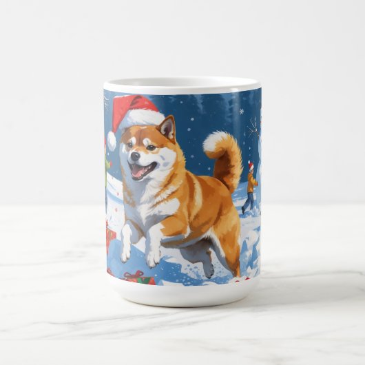 Shiba Inu hardlopen in de sneeuw met kerst Pet Koffiemok (Center)
