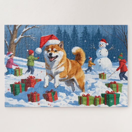 Shiba Inu hardlopen in de sneeuw met kerst Pet Legpuzzel (Horizontaal)