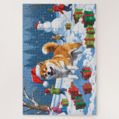 Shiba Inu hardlopen in de sneeuw met kerst Pet Legpuzzel (Verticaal)