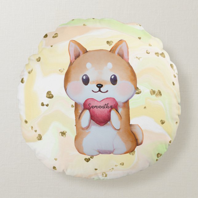 Shiba Inu Holding A Heart Rond Kussen (Voorkant)