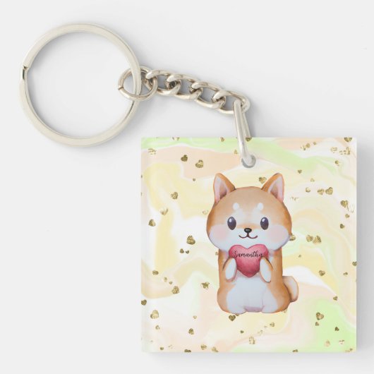 Shiba Inu Holding A Heart Sleutelhanger (Voorkant)